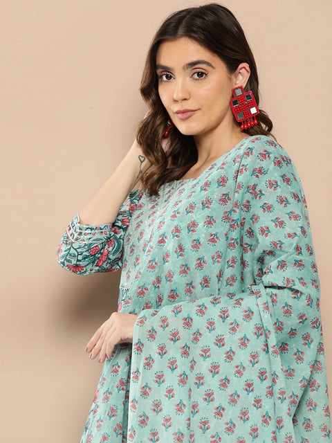 Women Sea Green Printed Flared Kurta And Trouser With Dupatta