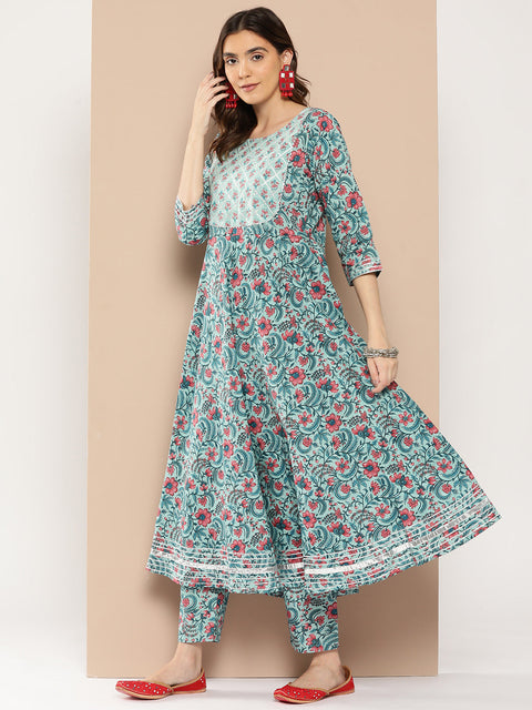 Women Sea Green Printed Flared Kurta And Trouser With Dupatta