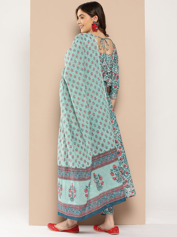 Women Sea Green Printed Flared Kurta And Trouser With Dupatta