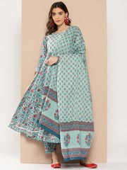 Women Sea Green Printed Flared Kurta And Trouser With Dupatta