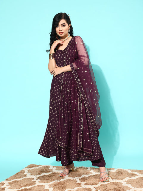 Women Burgundy Ethnic Printed Sleeveless Kurta With Trouser And Dupatta