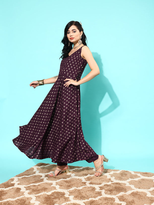 Women Burgundy Ethnic Printed Sleeveless Kurta With Trouser And Dupatta