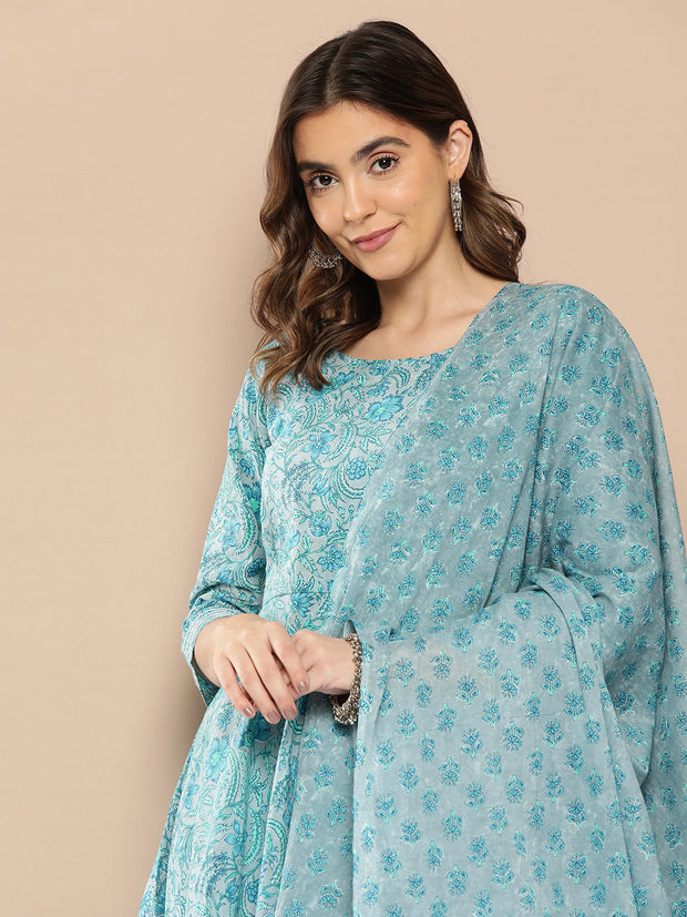 Women Blue Floral Printed Flared Kurta And Trouser With Dupatta
