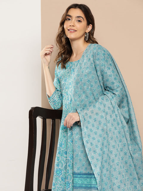 Women Blue Floral Printed Flared Kurta And Trouser With Dupatta