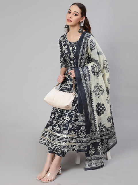 Women Grey Paisely Printed Anarkali Kurta With Trouser And Dupatta