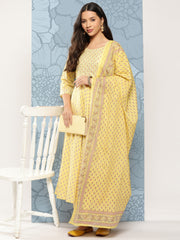 Women Yellow Printed Anarkali Kurta With Trouser And Dupatta