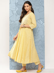 Women Yellow Printed Anarkali Kurta With Trouser And Dupatta