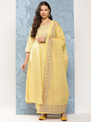 Women Yellow Printed Anarkali Kurta With Trouser And Dupatta