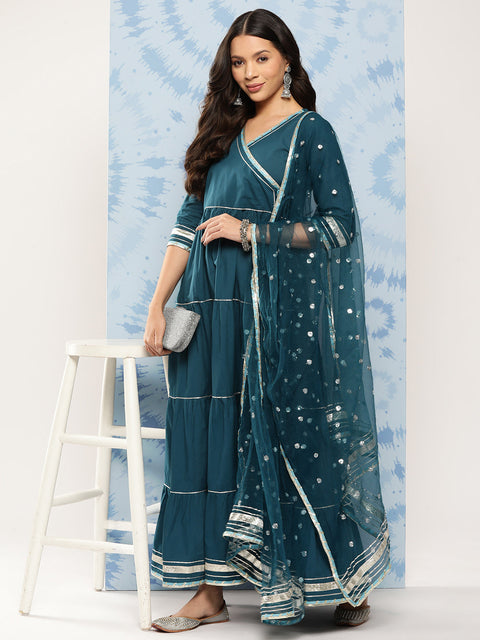 Women Teal Blue Flared Dress With Net Secquance Dupatta