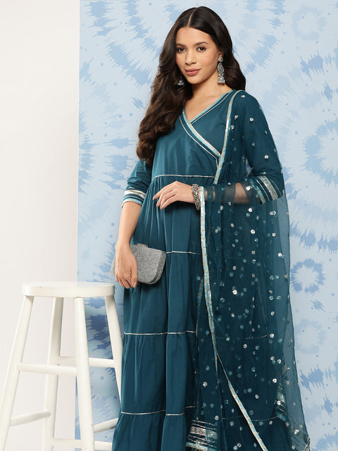 Women Teal Blue Flared Dress With Net Secquance Dupatta