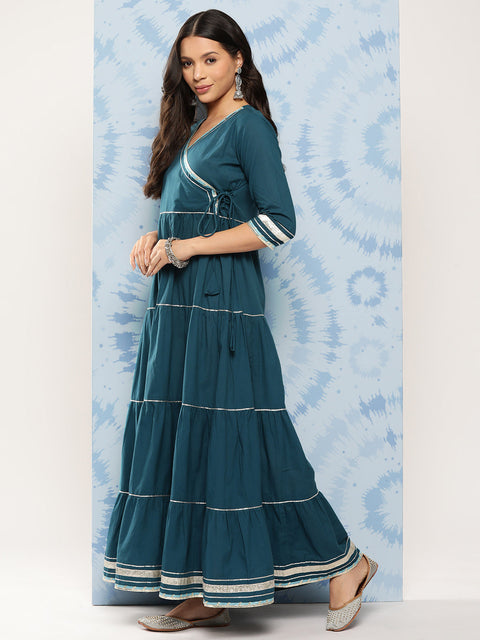 Women Teal Blue Flared Dress With Net Secquance Dupatta