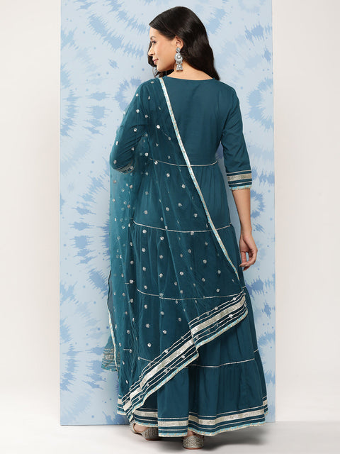 Women Teal Blue Flared Dress With Net Secquance Dupatta