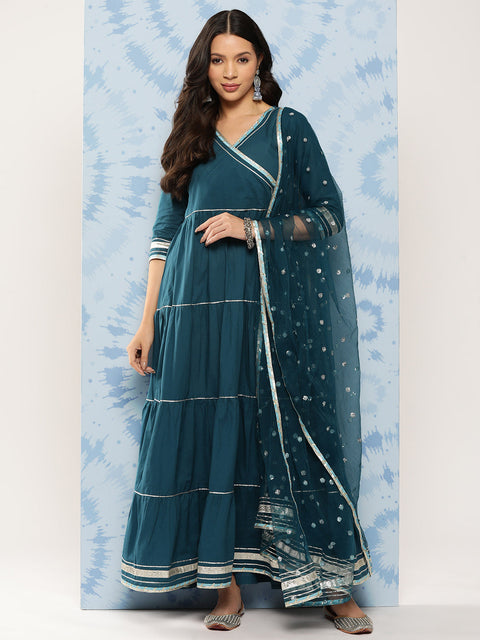 Women Teal Blue Flared Dress With Net Secquance Dupatta