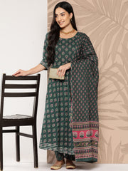 Women Green Ethnic Printed Anarkali Kurta With Trouser And Dupatta