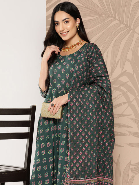 Women Green Ethnic Printed Anarkali Kurta With Trouser And Dupatta