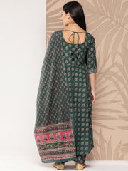 Women Green Ethnic Printed Anarkali Kurta With Trouser And Dupatta