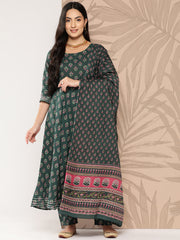 Women Green Ethnic Printed Anarkali Kurta With Trouser And Dupatta