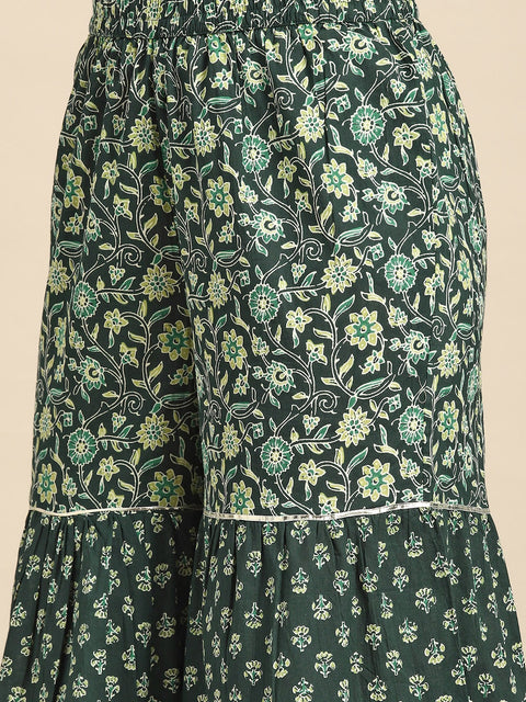 Women Green Floral Printed Kurta With Sharara And Dupatta