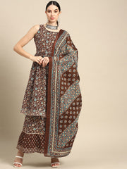 Women Brown Floral Printed Anarkali Kurta With Sharara And Dupatta