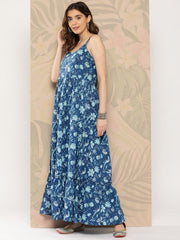 Women Blue Abstract Printed Shoulder Strap Dress