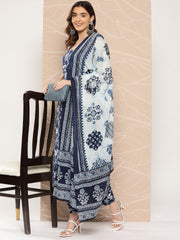 Women Blue Paisely Printed Straight Kurta With Trouser And Dupatta