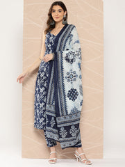 Women Blue Paisely Printed Straight Kurta With Trouser And Dupatta