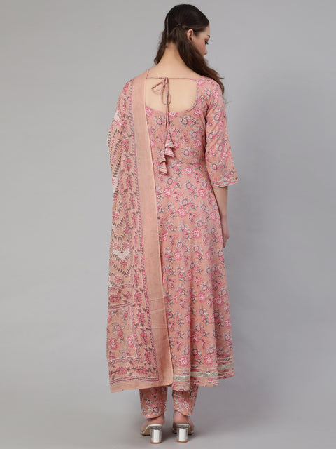 Women Mauve Floral Printed Anarkali Kurta With Trouser And Dupatta