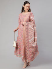 Women Mauve Floral Printed Anarkali Kurta With Trouser And Dupatta