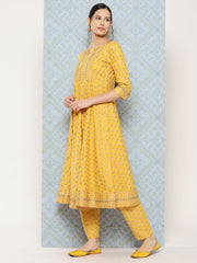 Women Yellow Printed Anarkali Kurta With Trouser And Dupatta