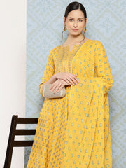 Women Yellow Printed Anarkali Kurta With Trouser And Dupatta
