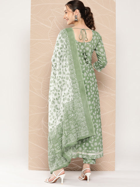 Women Green Floral Printed Anarkali Kurta With Trouser And Dupatta