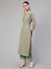 Women Beaige Ethnic Printed Straight Kurta With culottes Palazzo