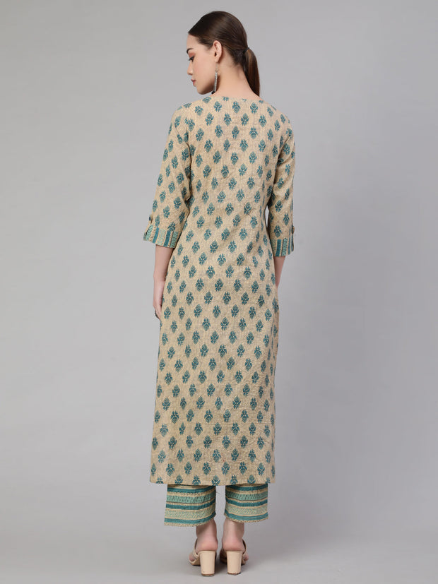 Women Beaige Ethnic Printed Straight Kurta With culottes Palazzo