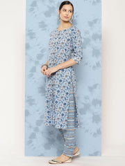 Women Blue Floral Printed A-Line Kurta With Palazzo And Dupatta