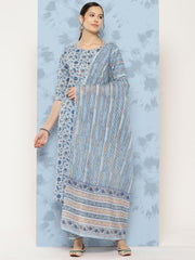 Women Blue Floral Printed A-Line Kurta With Palazzo And Dupatta