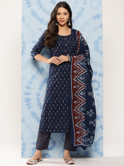Women Blue Ethnic Printed Straight Kurta With Trouser