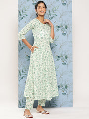 Women Green Printed Anarkali Kurta With Trouser and Dupatta