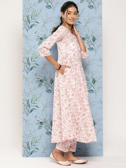 Women Off- White & Pink Printed Anarkali Kurta With Trouser and Dupatta