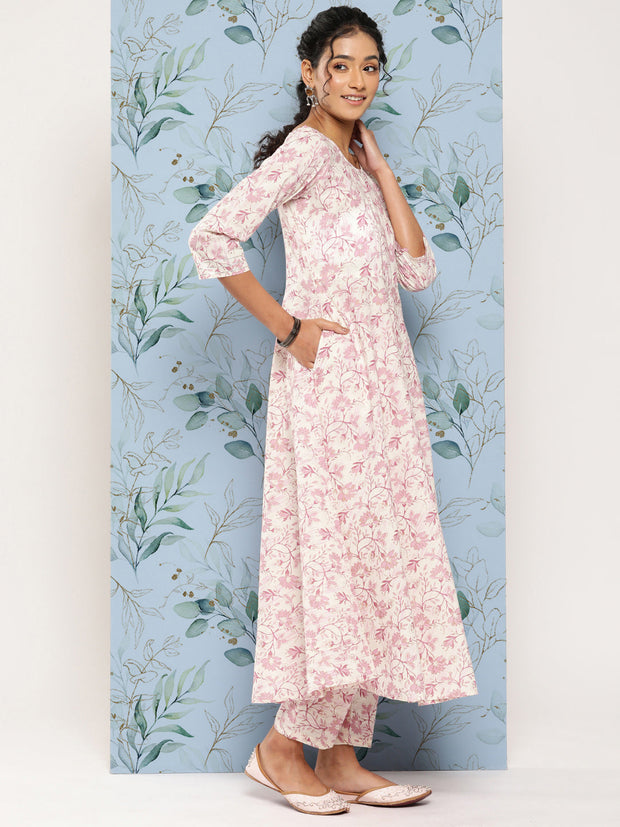 Women Off- White & Pink Printed Anarkali Kurta With Trouser and Dupatta