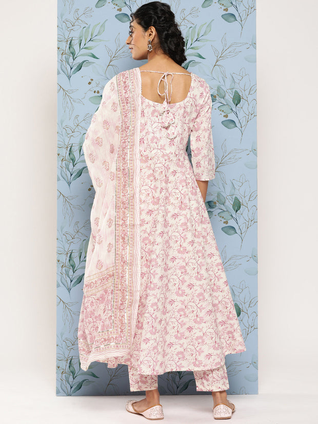 Women Off- White & Pink Printed Anarkali Kurta With Trouser and Dupatta