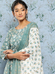 Women Green Floral Printed Anarkali Kurta With Trouser and Dupatta