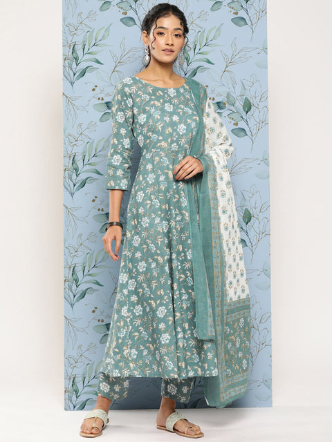 Women Green Floral Printed Anarkali Kurta With Trouser and Dupatta