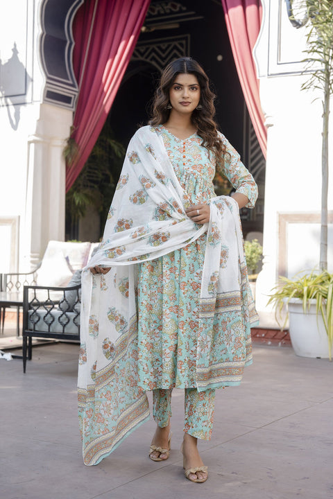 Women Green Printed Gathered Kurta And Trouser With Dupatta