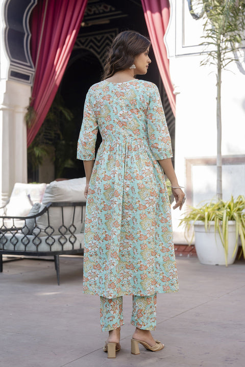 Women Green Printed Gathered Kurta And Trouser With Dupatta