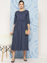 Wome Navy Blue Printed Flared Dress With Three quarter Sleeves