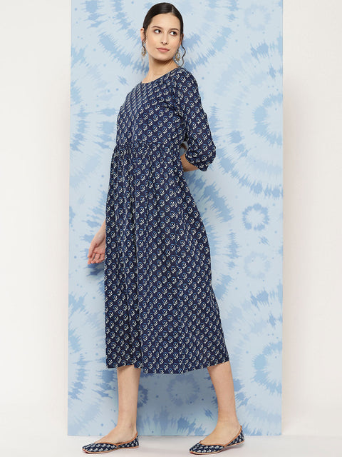 Wome Navy Blue Printed Flared Dress With Three quarter Sleeves