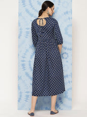 Wome Navy Blue Printed Flared Dress With Three quarter Sleeves