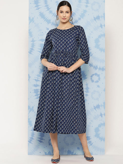 Wome Navy Blue Printed Flared Dress With Three quarter Sleeves