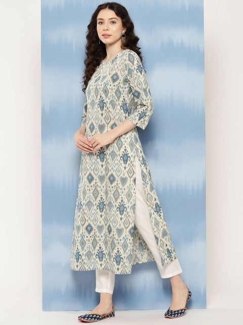 Women Blue Ethnic Printed Straight Kurta with Three Quarter Sleeves