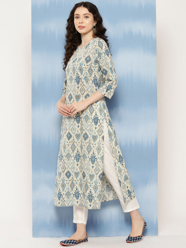 Women Blue Ethnic Printed Straight Kurta with Three Quarter Sleeves